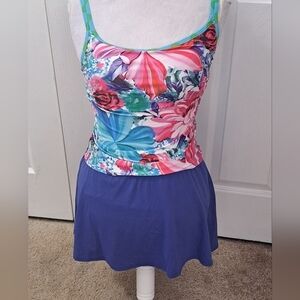 Floral Tankini Top & Solid Blue Skort With Attached Bikini Bottom   Size M